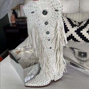 White Studded Fringe Heeled Boots
